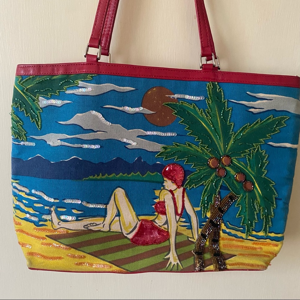 Beach-scene sequined tote bag